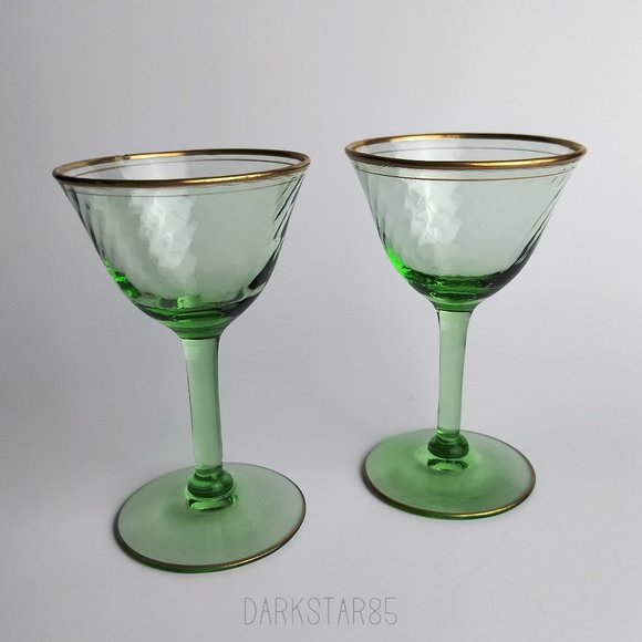 Other - Pair of Vintage Green Gold-Trimmed Small Stemware Glasses